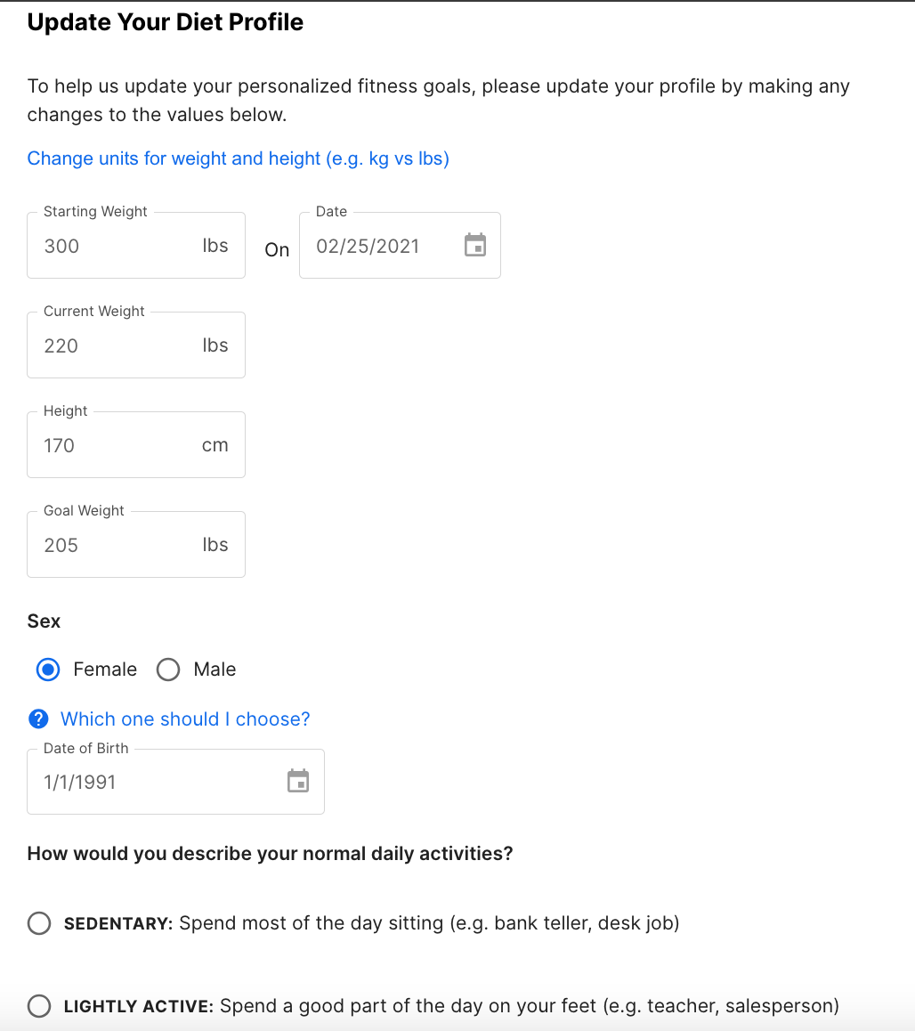 Diet and fitness edit page